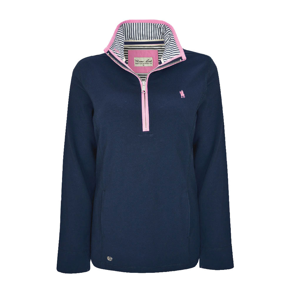 A flat lay of a navy blue Thomas Cook Women's Charlie Classic 1/4 Zip Neck Rugby (TCP2511030) with a pink zipper and a pink, white, and blue striped inner collar, shown against a plain white background.