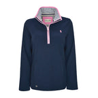 A flat lay of a navy blue Thomas Cook Women's Charlie Classic 1/4 Zip Neck Rugby (TCP2511030) with a pink zipper and a pink, white, and blue striped inner collar, shown against a plain white background.