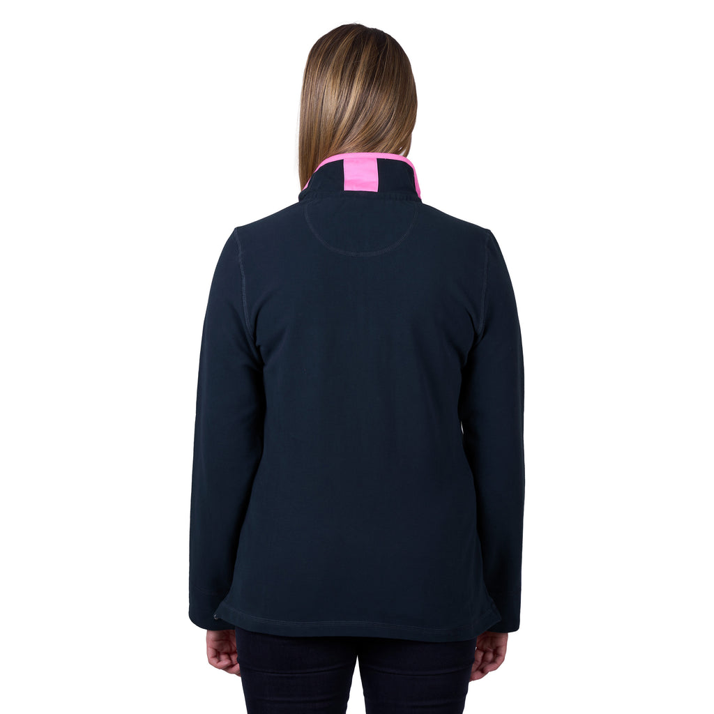 A woman viewed from behind modelling a navy blue Thomas Cook Women's Charlie Classic 1/4 Zip Neck Rugby (TCP2511030) shown against a plain white background.