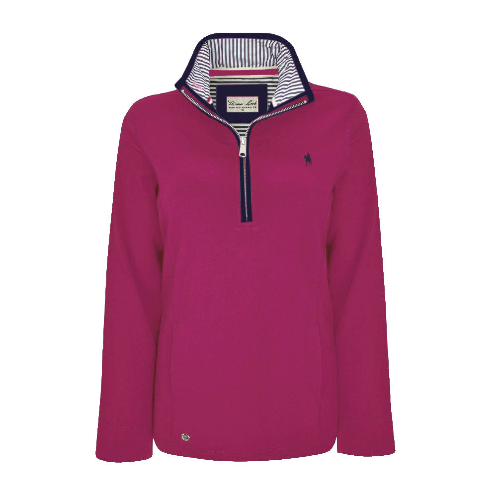 A flat lay of a deep pink Thomas Cook Women's Charlie Classic 1/4 Zip Neck Jumper (TCP2511030) with a striped inner collar, shown against a plain white background.