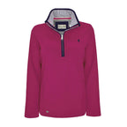 A flat lay of a deep pink Thomas Cook Women's Charlie Classic 1/4 Zip Neck Jumper (TCP2511030) with a striped inner collar, shown against a plain white background.