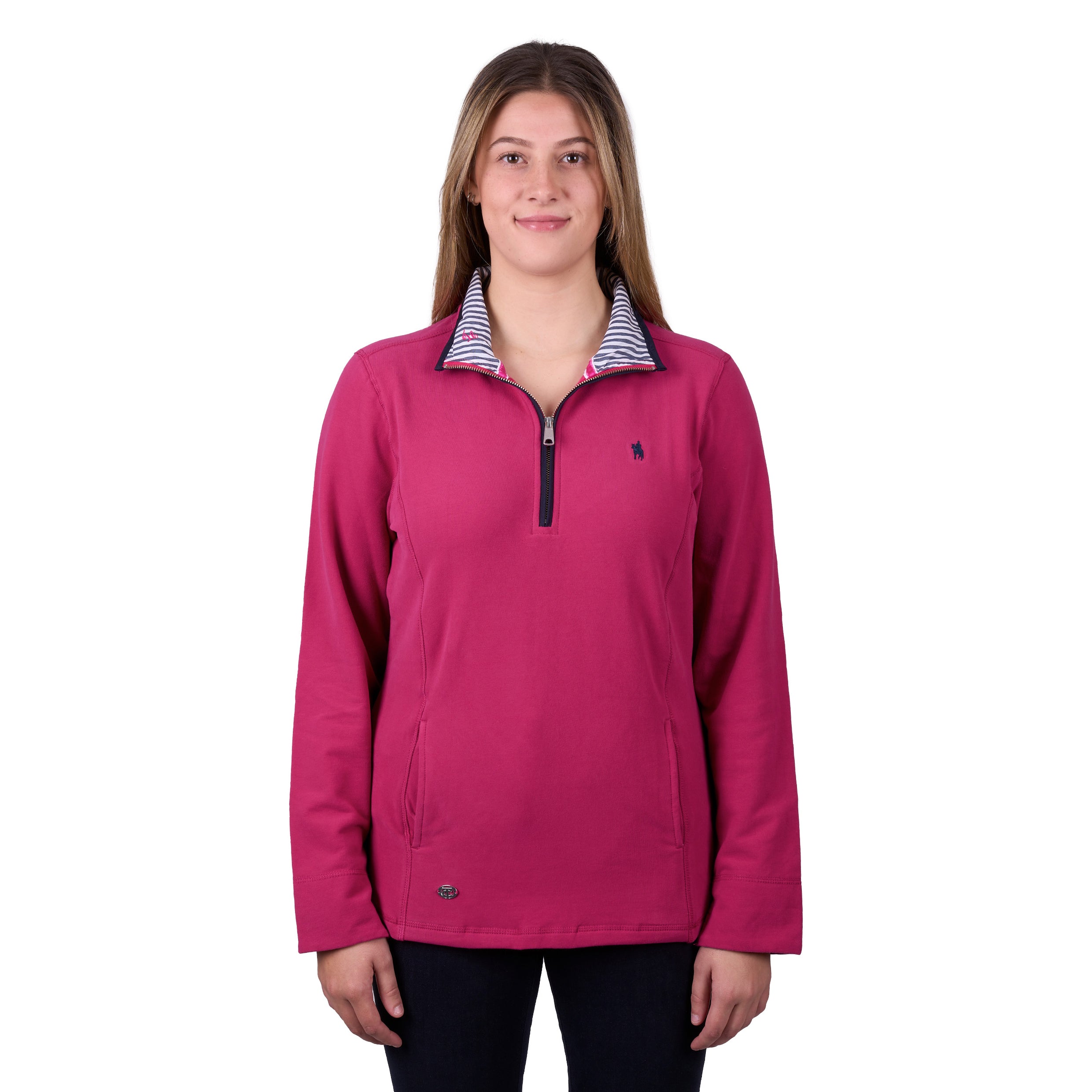 A woman modelling a deep pink Thomas Cook Women's Charlie Classic 1/4 Zip Neck Jumper (TCP2511030) with a striped inner collar, shown against a plain white background.
