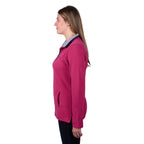 A woman in profile modelling a deep pink Thomas Cook Women's Charlie Classic 1/4 Zip Neck Jumper (TCP2511030) with a striped inner collar, shown against a plain white background.