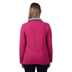 A woman viewed from behind modelling a deep pink Thomas Cook Women's Charlie Classic 1/4 Zip Neck Jumper (TCP2511030) with a striped inner collar, shown against a plain white background.