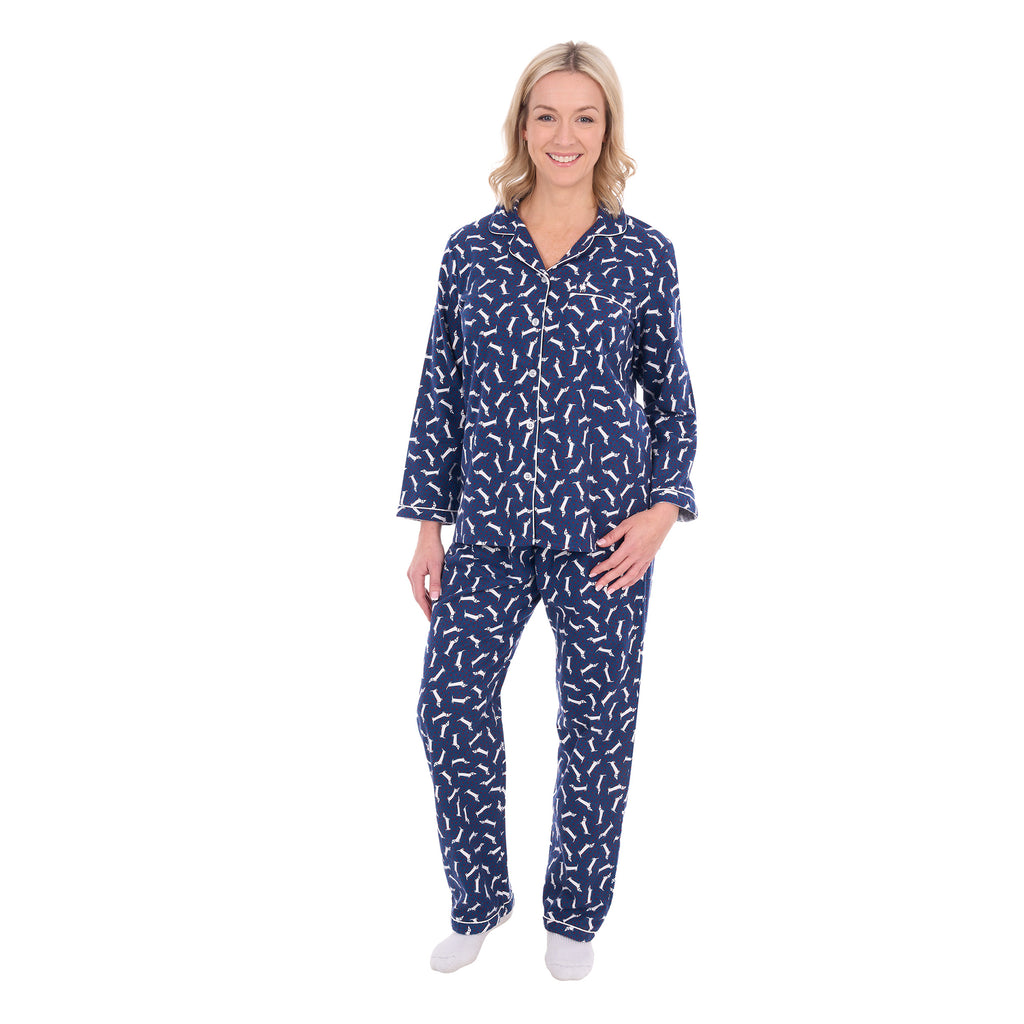 A woman modelling navy and white plaid Thomas Cook Women's Long Sleeve Pyjamas (TCP2982PJS) against a plain white background.