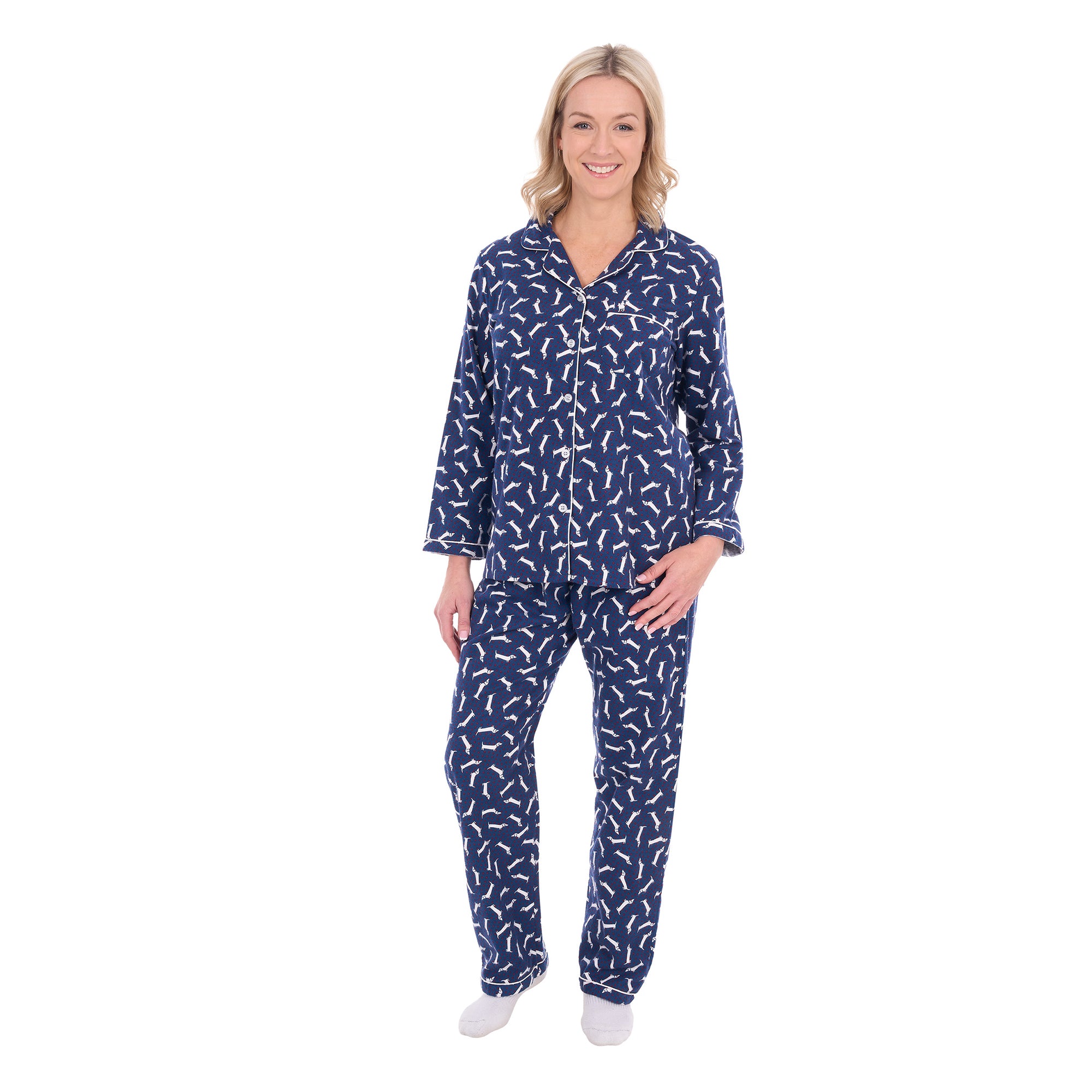 A woman modelling navy and white plaid Thomas Cook Women's Long Sleeve Pyjamas (TCP2982PJS) against a plain white background.