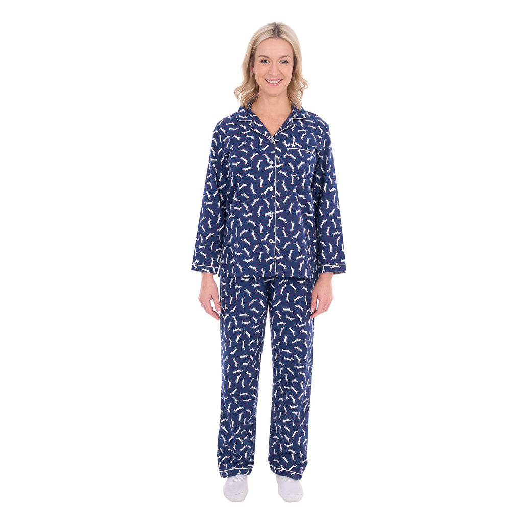 A woman modelling navy and white plaid Thomas Cook Women's Long Sleeve Pyjamas (TCP2982PJS) against a plain white background.