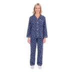 A woman modelling navy and white plaid Thomas Cook Women's Long Sleeve Pyjamas (TCP2982PJS) against a plain white background.