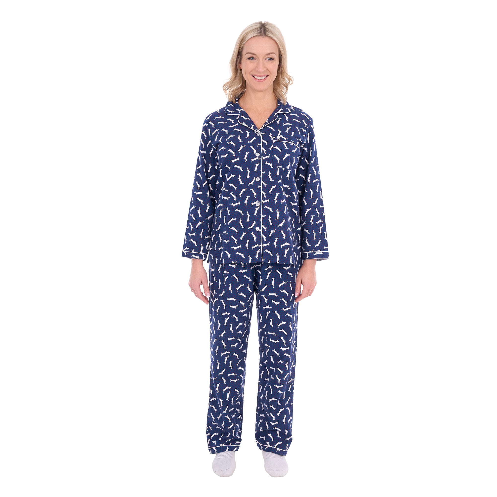 A woman modelling navy and white plaid Thomas Cook Women's Long Sleeve Pyjamas (TCP2982PJS) against a plain white background.