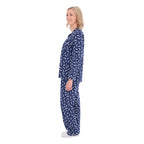 A woman in profile modelling navy and white plaid Thomas Cook Women's Long Sleeve Pyjamas (TCP2982PJS) against a plain white background.