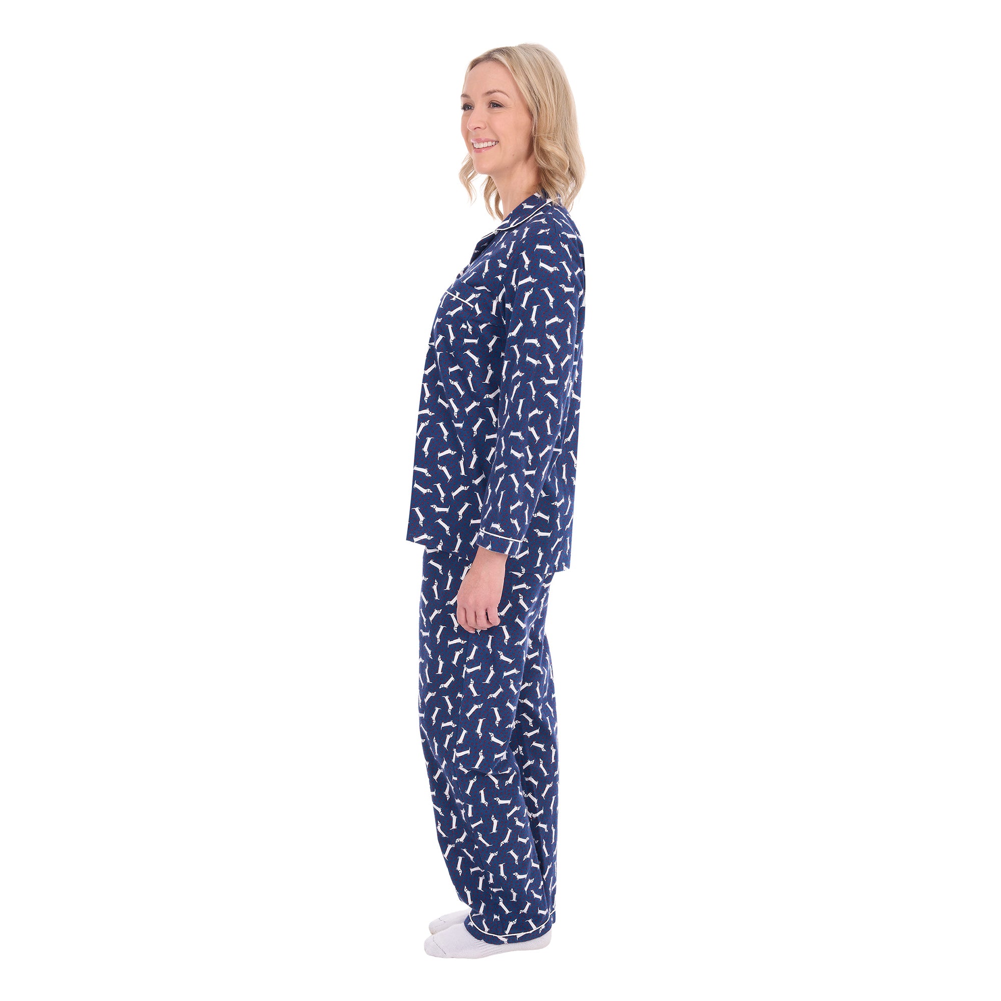 A woman in profile modelling navy and white plaid Thomas Cook Women's Long Sleeve Pyjamas (TCP2982PJS) against a plain white background.