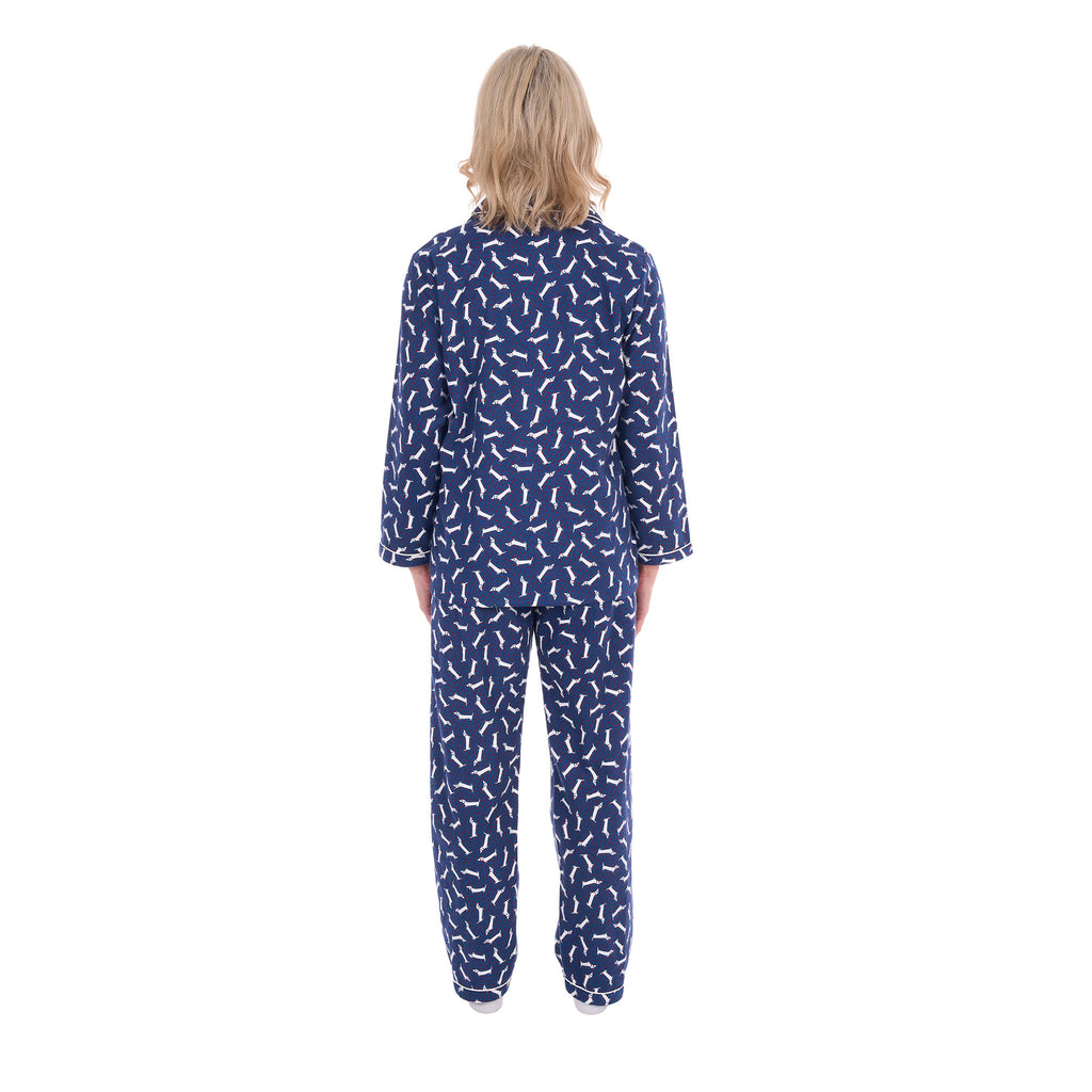 A woman from behind modelling navy and white plaid Thomas Cook Women's Long Sleeve Pyjamas (TCP2982PJS) against a plain white background.