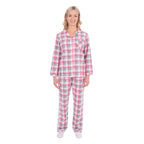 A woman modelling pink, grey, and white plaid Thomas Cook Women's Long Sleeve Pyjamas (TCP2982PJS) against a plain white background.
