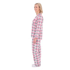 A woman in profile modelling pink, grey, and white plaid Thomas Cook Women's Long Sleeve Pyjamas (TCP2982PJS) against a plain white background.