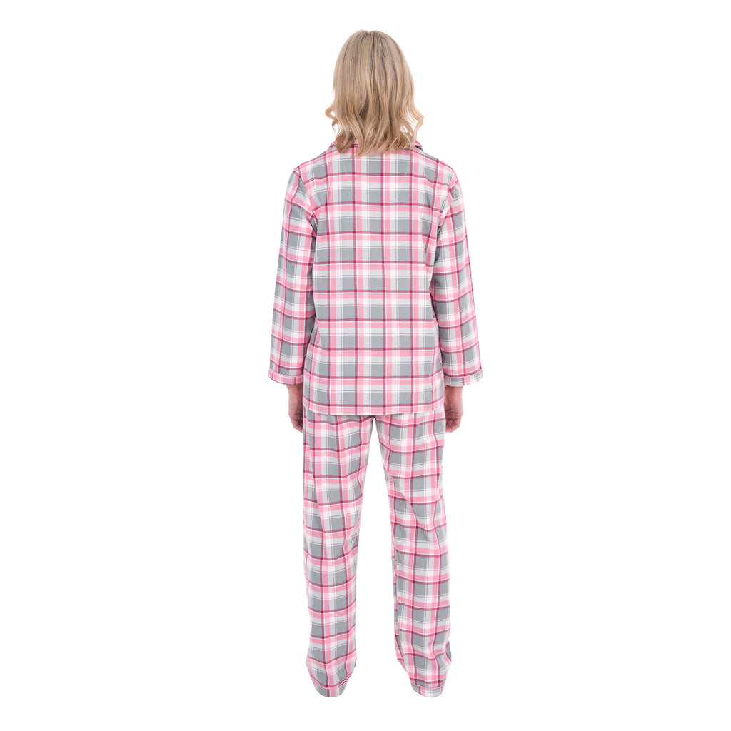 A woman viewed from behind modelling pink, grey, and white plaid Thomas Cook Women's Long Sleeve Pyjamas (TCP2982PJS) against a plain white background.