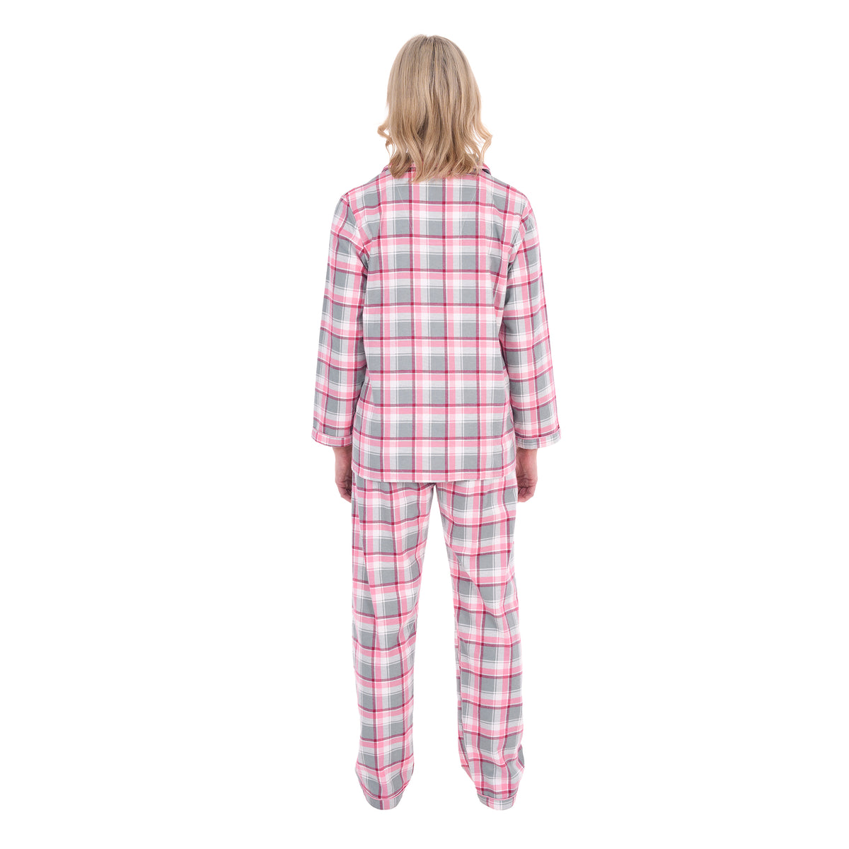 A woman viewed from behind modelling pink, grey, and white plaid Thomas Cook Women's Long Sleeve Pyjamas (TCP2982PJS) against a plain white background.