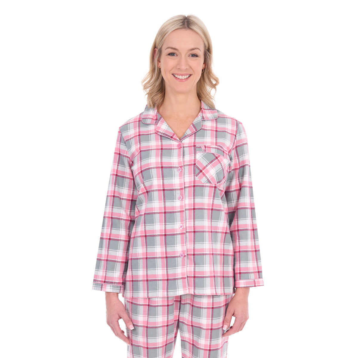 A woman modelling pink, grey, and white plaid Thomas Cook Women's Long Sleeve Pyjamas (TCP2982PJS) against a plain white background.