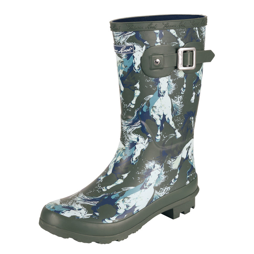 The Thomas Cook Womens Launceston Gumboots (T6W28502) in Dark Khaki feature a decorative silver buckle, hand-drawn galloping white horses, and a chunky sole for traction.