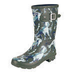 The Thomas Cook Womens Launceston Gumboots (T6W28502) in Dark Khaki feature a decorative silver buckle, hand-drawn galloping white horses, and a chunky sole for traction.