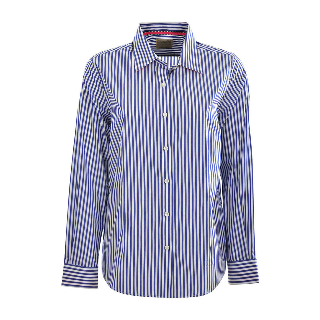 A women's blue and white Thomas Cook Women's Lawson Long Sleeve Shirt (TCP2112178) with vertical blue and white stripes, featuring a pointed collar and white buttons, shown against a plain white background.