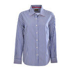 A women's blue and white Thomas Cook Women's Lawson Long Sleeve Shirt (TCP2112178) with vertical blue and white stripes, featuring a pointed collar and white buttons, shown against a plain white background.