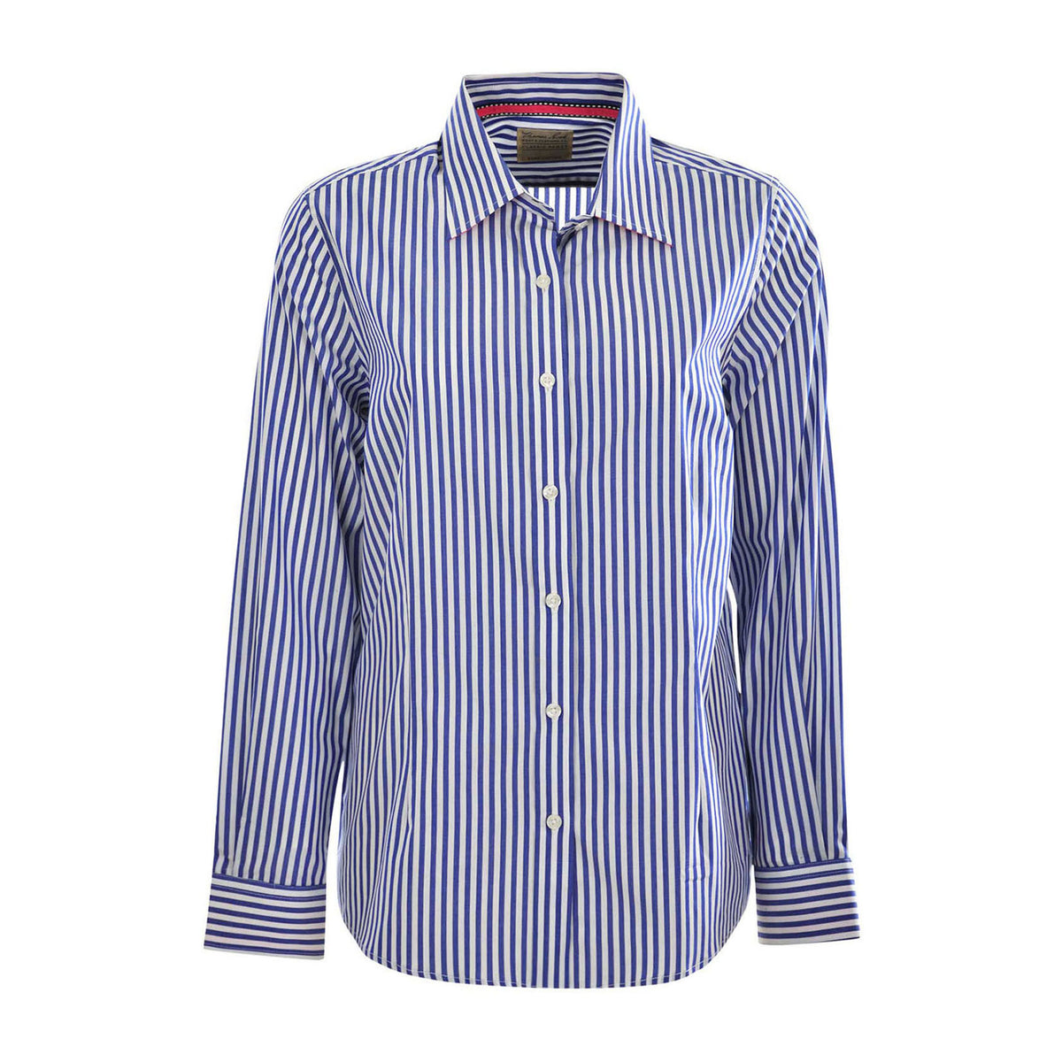 A women's blue and white Thomas Cook Women's Lawson Long Sleeve Shirt (TCP2112178) with vertical blue and white stripes, featuring a pointed collar and white buttons, shown against a plain white background.