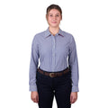 A woman modelling a Thomas Cook Women's Lawson Long Sleeve Shirt (TCP2112178) with vertical blue and white stripes, paired with dark pants and a brown belt, against a plain white background.