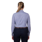 A woman viewed from behind modelling a Thomas Cook Women's Lawson Long Sleeve Shirt (TCP2112178) with vertical blue and white stripes, paired with dark pants and a brown belt, against a plain white background.
