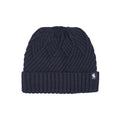 The Thomas Cook Womens Layla Ponytail Beanie (T6W2946BNE) in navy features a ribbed fold-over cuff, small white horse and rider logo patch, and is made from a cozy wool blend for extra warmth.