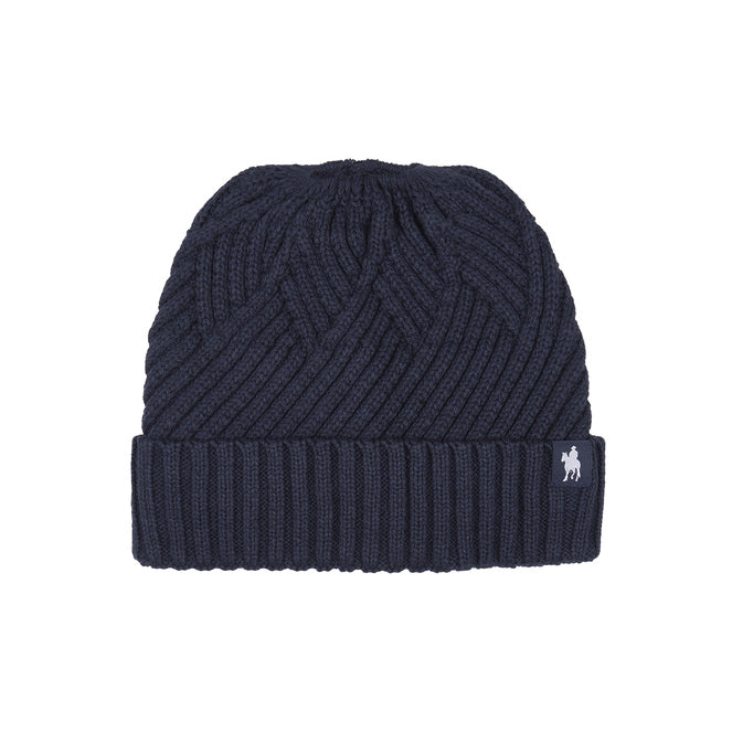 The Thomas Cook Womens Layla Ponytail Beanie (T6W2946BNE) in navy features a ribbed fold-over cuff, small white horse and rider logo patch, and is made from a cozy wool blend for extra warmth.