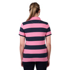 A woman viewed from behind, modelling a dark navy and soft pink Thomas Cook Women's Rachel Stripe Polo (TCP2501053) paired with dark pants on a white studio background.