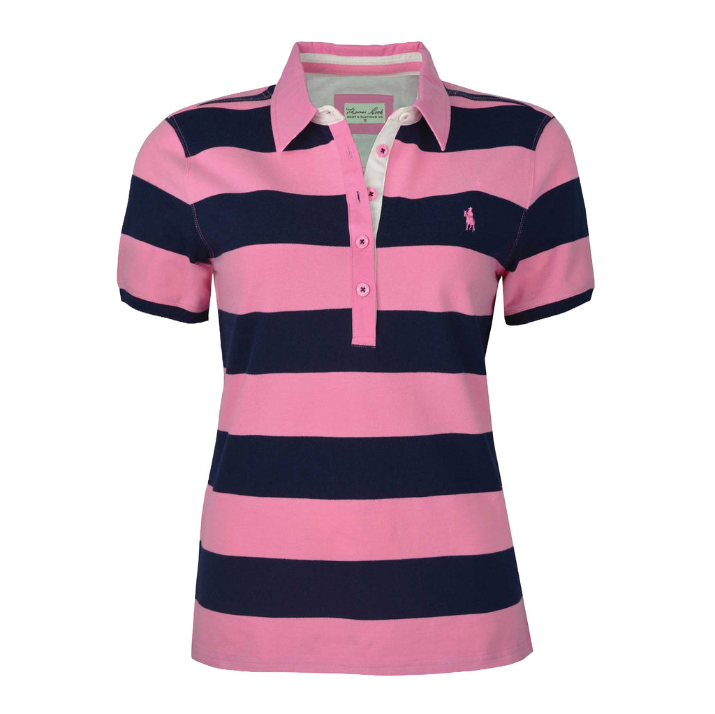 A flat lay of a soft pink Thomas Cook Women's Rachel Stripe Polo (TCP2501053) on a white studio background.