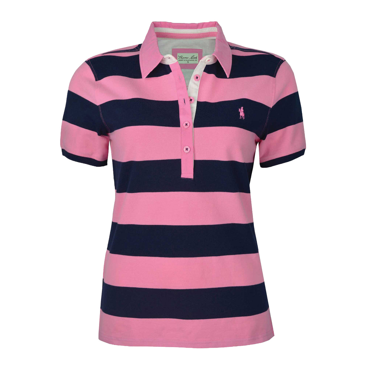 A flat lay of a soft pink Thomas Cook Women's Rachel Stripe Polo (TCP2501053) on a white studio background.