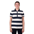 A woman modelling a dark navy and white Thomas Cook Women's Rachel Stripe Polo (TCP2501053) paired with dark pants on a white studio background.