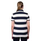 A woman viewed from behind, modelling a dark navy and white Thomas Cook Women's Rachel Stripe Polo (TCP2501053) paired with dark pants on a white studio background.