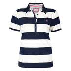 Flat lay of a dark navy and white striped Thomas Cook Women's Rachel Stripe Short Sleeve Polo (TCP2501053).