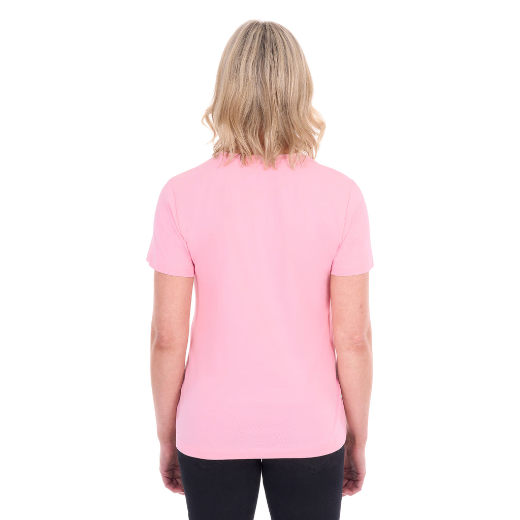 A woman shown from behind modelling a rose pink Thomas Cook Women's Round Neck Short Sleeve Tee (TCP2515104) paired with blue denim jeans on a white background.