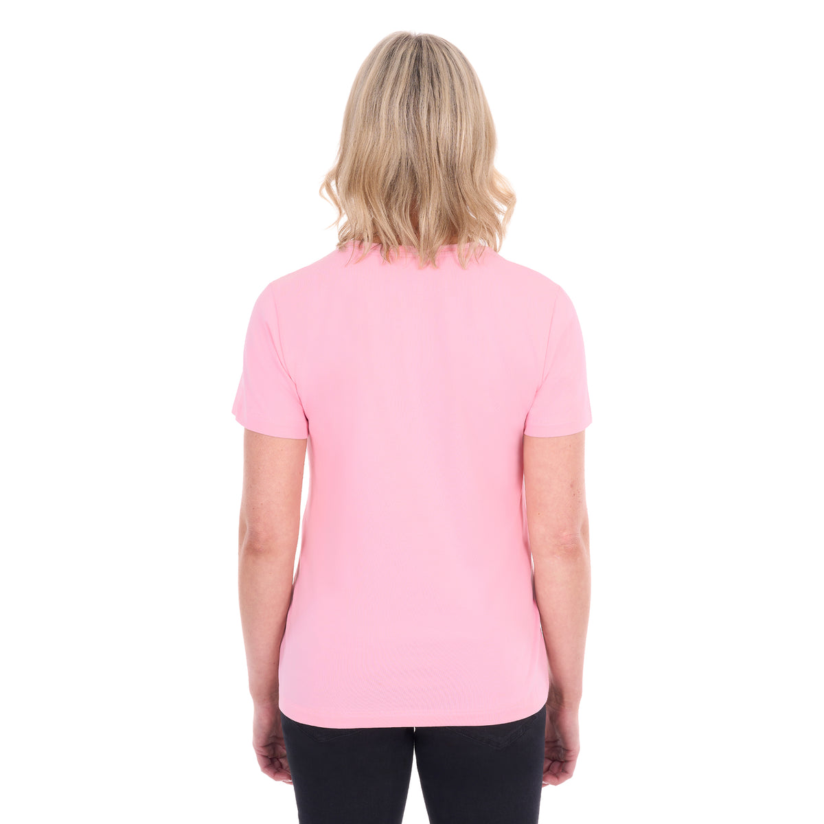 A woman shown from behind modelling a rose pink Thomas Cook Women's Round Neck Short Sleeve Tee (TCP2515104) paired with blue denim jeans on a white background.