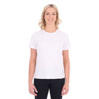 A woman modelling a white Thomas Cook Women's Round Neck Short Sleeve Tee (TCP2515104) paired with blue denim jeans on a white background.