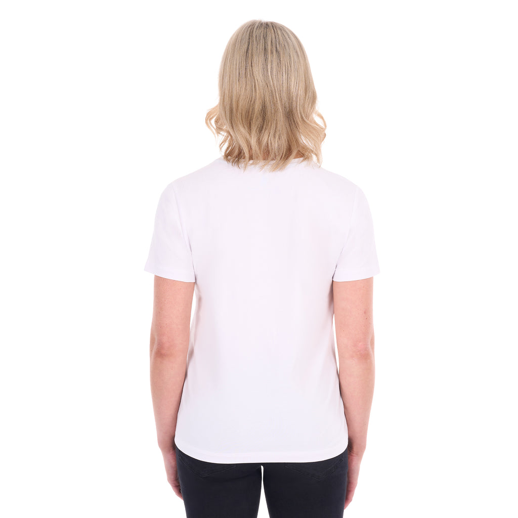 A woman shown from behind modelling a white Thomas Cook Women's Round Neck Short Sleeve Tee (TCP2515104) paired with blue denim jeans on a white background.