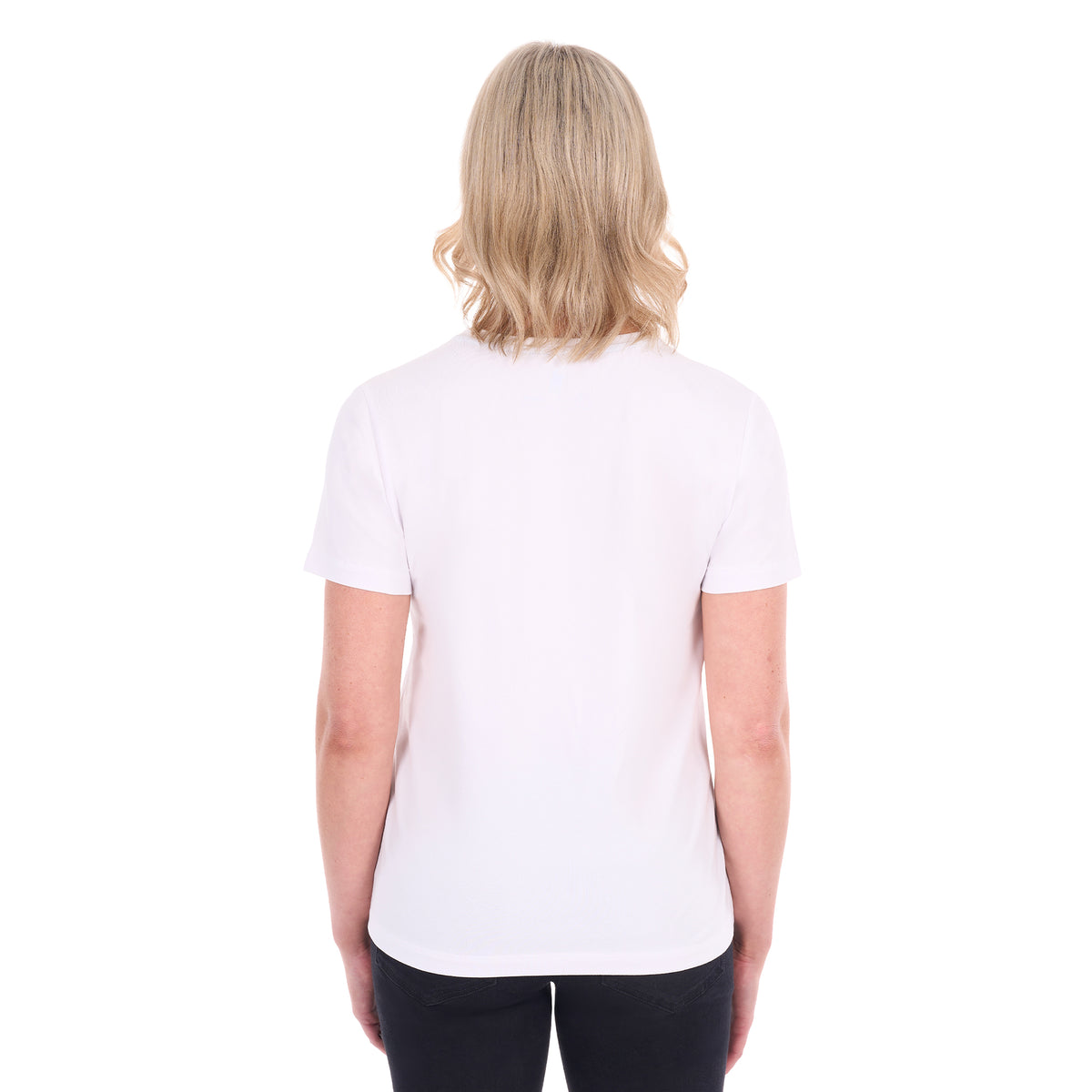 A woman shown from behind modelling a white Thomas Cook Women's Round Neck Short Sleeve Tee (TCP2515104) paired with blue denim jeans on a white background.