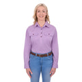 A woman wearing a lilac Thomas Cook Women's Stretch Drill Half Button Long Sleeve Work Shirt (TCP2100106) tucked into light blue jeans with a brown braided belt, against a plain white background.