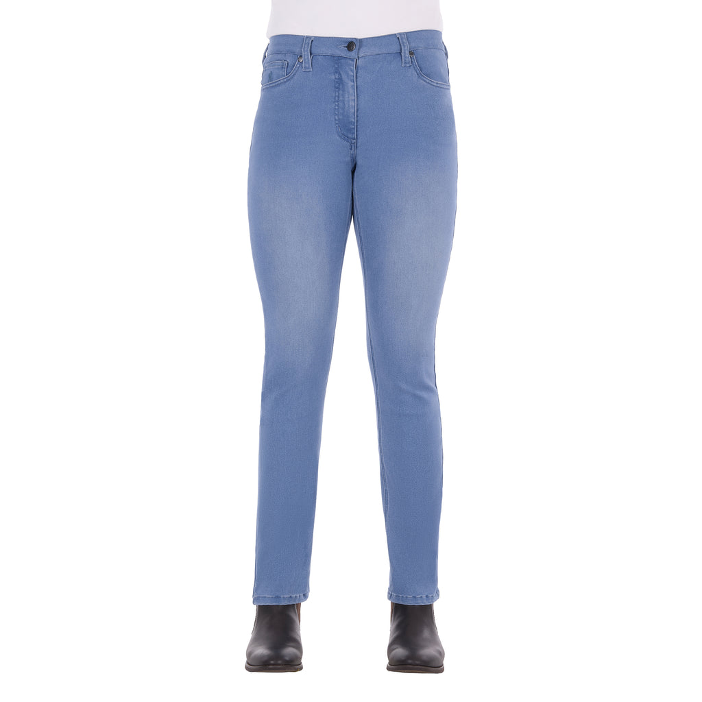 Light wash blue Thomas Cook Women's Suzie Slimmer Leg Jeans 32 Leg (TCP2215128) shown on a model from the waist down, paired with black boots against a plain white background.