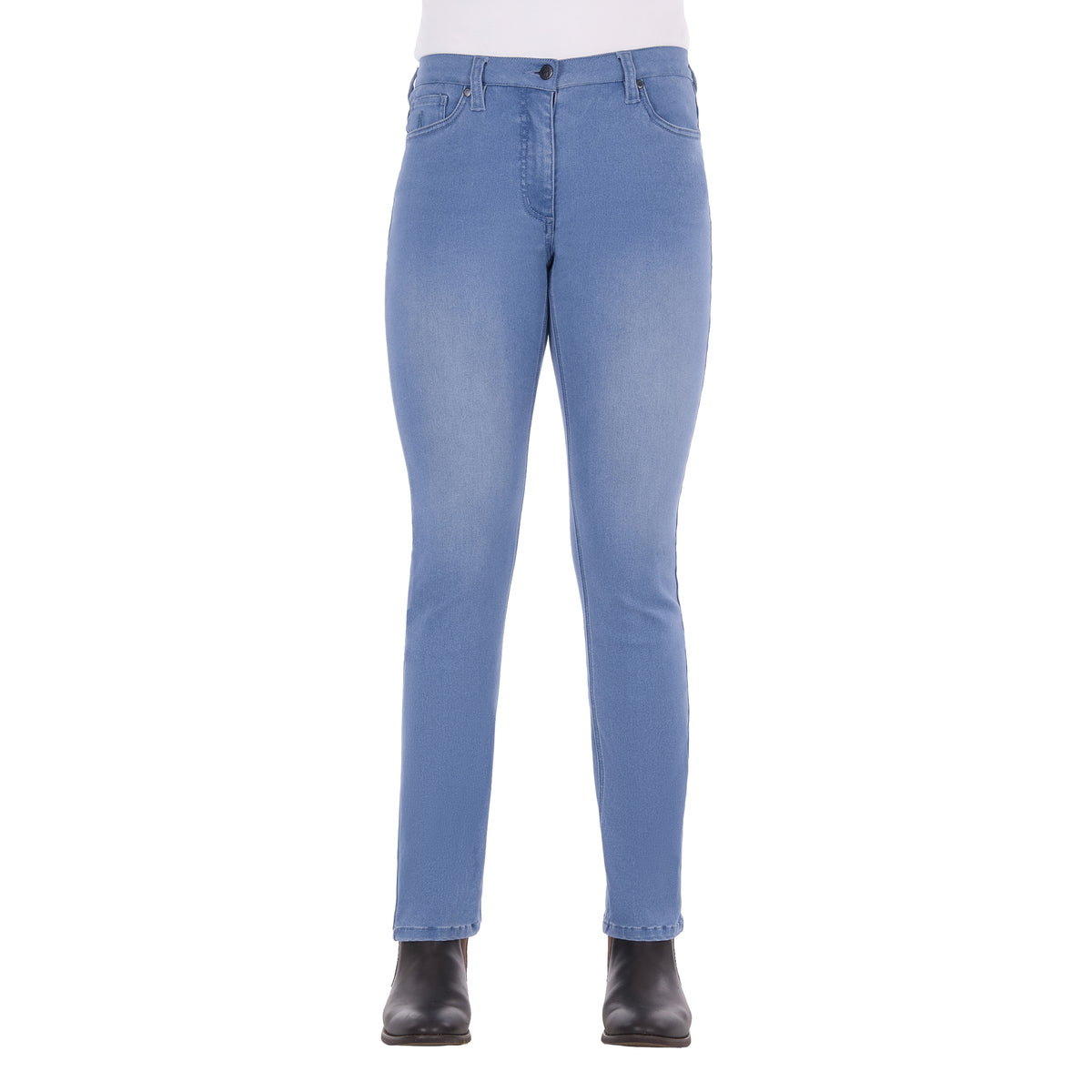 Light wash blue Thomas Cook Women's Suzie Slimmer Leg Jeans 32 Leg (TCP2215128) shown on a model from the waist down, paired with black boots against a plain white background.