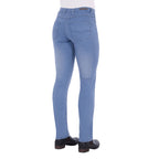 Light wash blue Thomas Cook Women's Suzie Slimmer Leg Jeans 32 Leg (TCP2215128) shown from a 3-4 back view on a model from the waist down, paired with black boots against a plain white background.