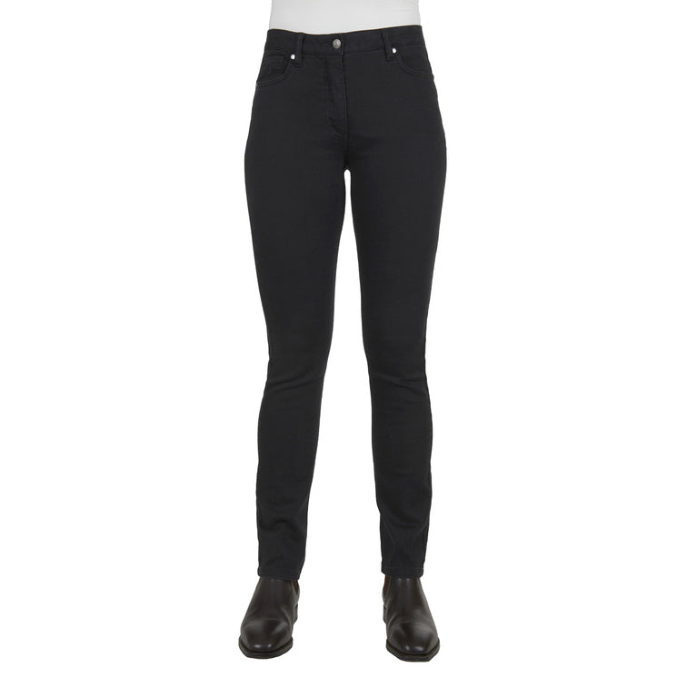 Black Thomas Cook Women's Suzie Slimmer Leg Wonder Jeans 32 Leg (TCP2215128) shown on a model from the waist down, paired with brown leather boots against a plain white background.