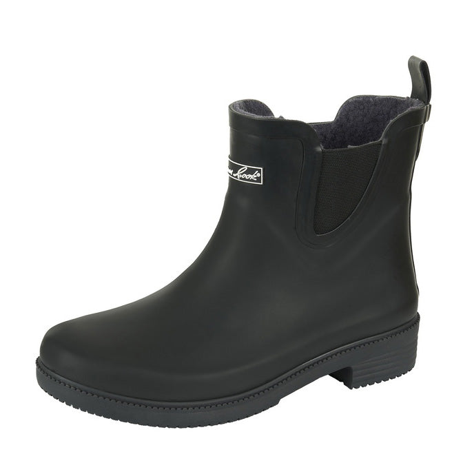 The Thomas Cook Womens Wynyard Gumboots (T6W28503) Black are ankle-high, black rubber boots with a low heel, textured outsole, pull tab, side elastic panel, faux fur lining for comfort, and a small outer label near the opening.