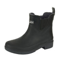 The Thomas Cook Womens Wynyard Gumboots (T6W28503) Black are ankle-high, black rubber boots with a low heel, textured outsole, pull tab, side elastic panel, faux fur lining for comfort, and a small outer label near the opening.