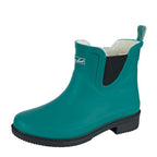 The Thomas Cook Womens Wynyard Gumboots (T6W28503) in bottle green feature a low heel, black elastic side panels, black sole, white lining, pull tab at the back, and a rubber outsole for traction.