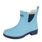 The Thomas Cook Womens Wynyard Gumboots (T6W28503) feature a pale blue rubber upper, navy outsole, side elastic panel, pull tab, front logo, and light-colored lining—stylish ankle rain boots by Thomas Cook.